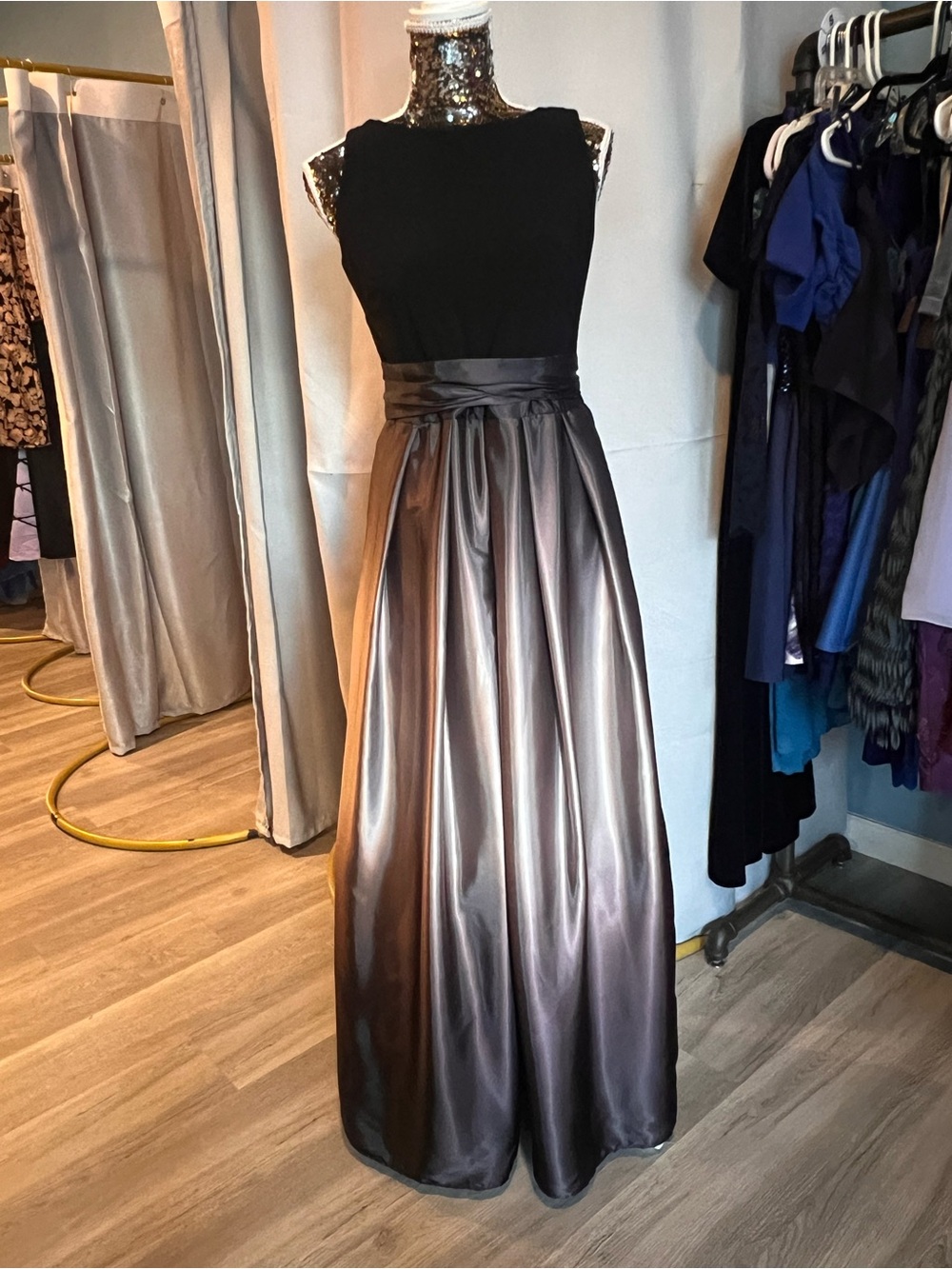 SLNY Black Bodice with Shimmery Charcoal Satin Maxi Skirt